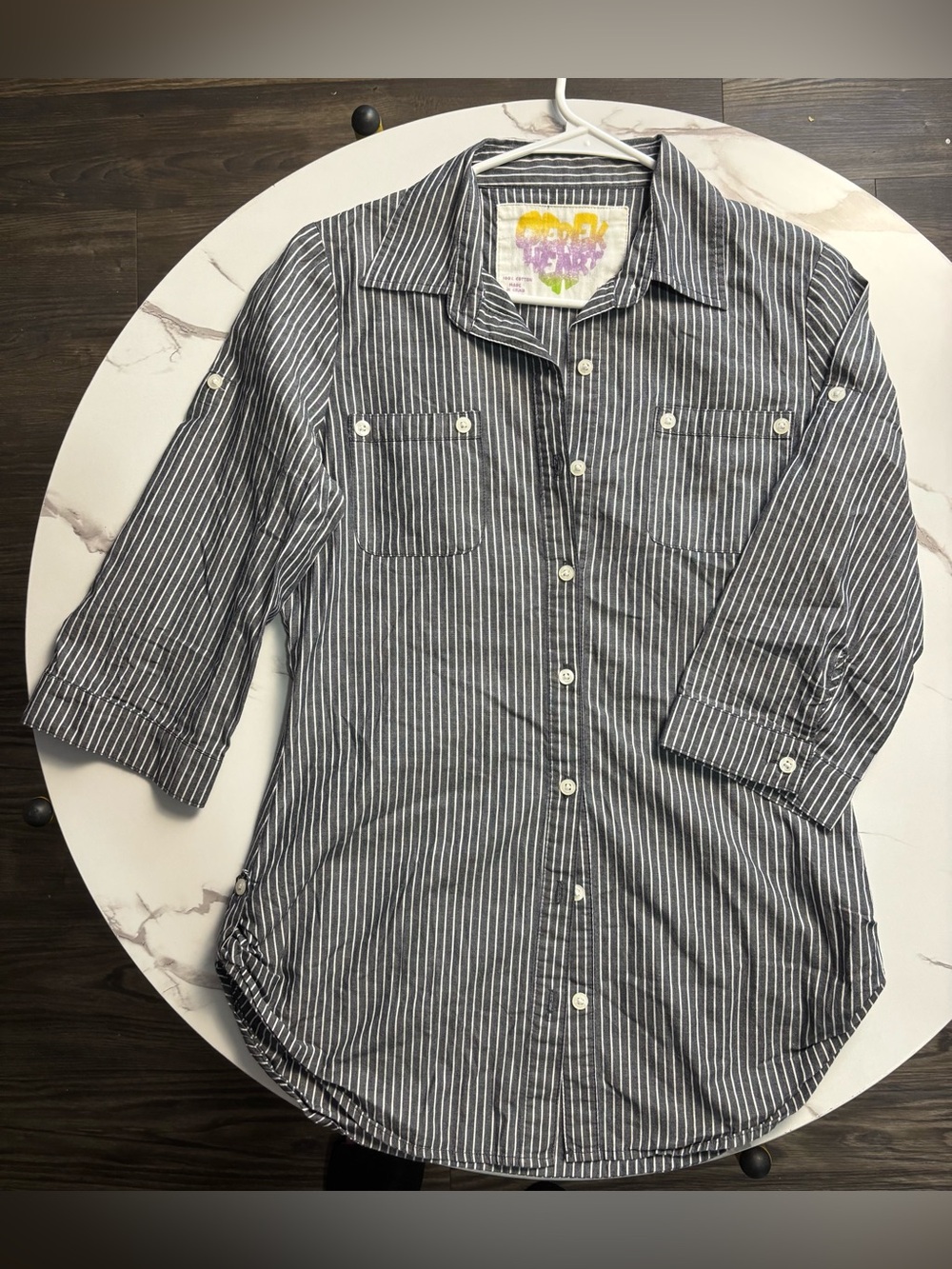 💙 Derek Heart Striped Button Down Tunic Shirt - Size Medium